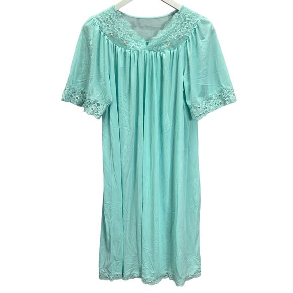 Vintage Shadowline Nylon Nightgown Lace V-Neck Size S Teal Blue Floral Short - Picture 1 of 5